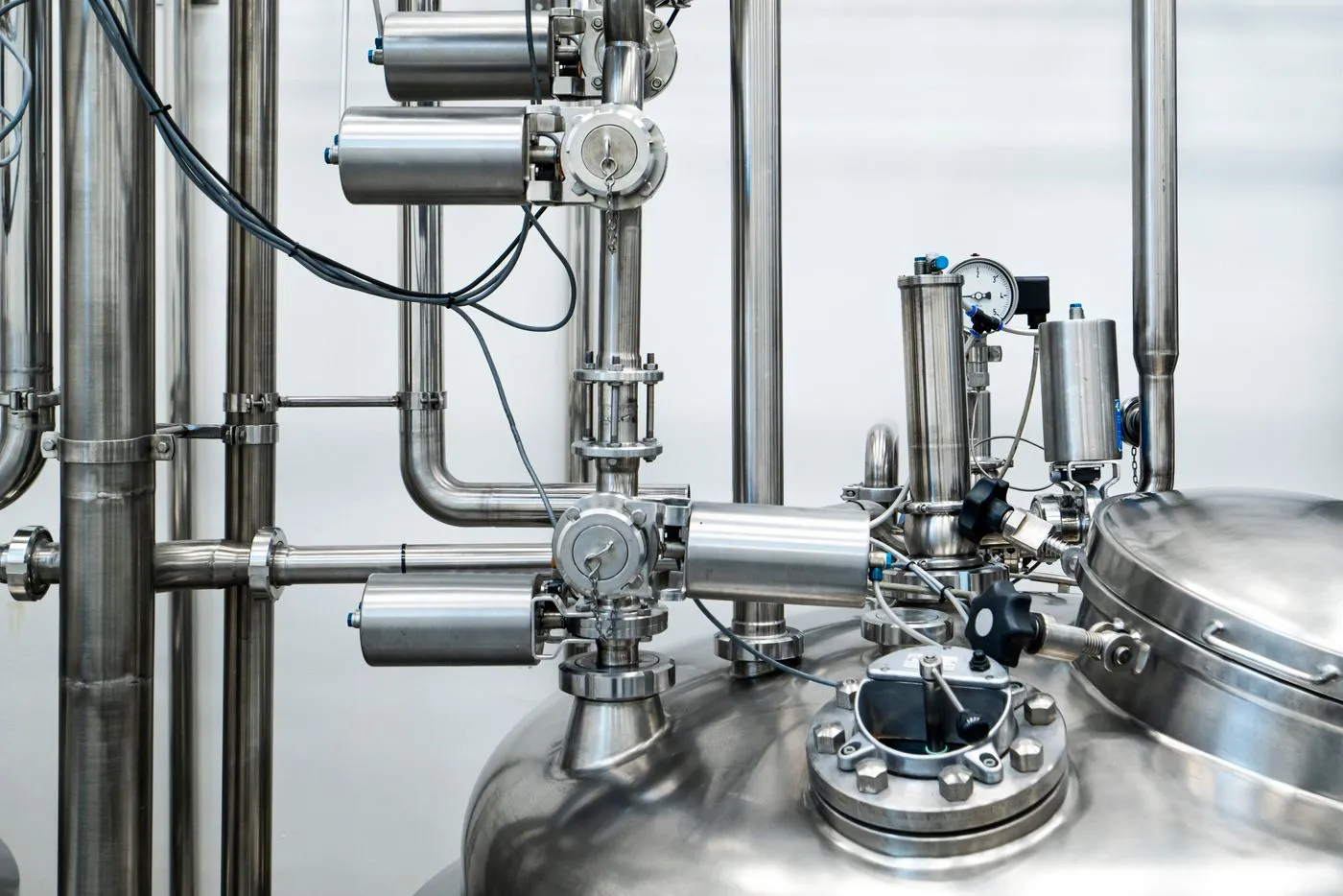 Stainless steel pipework and process equipment inside a food and drink production facility